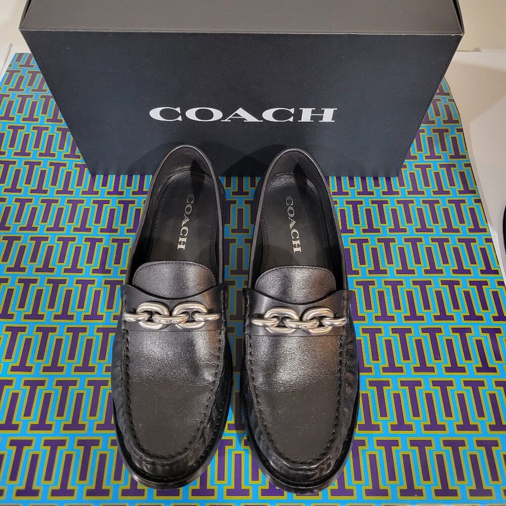 COACH Jess Black Leather Silver Chain Loafers Size 8.5